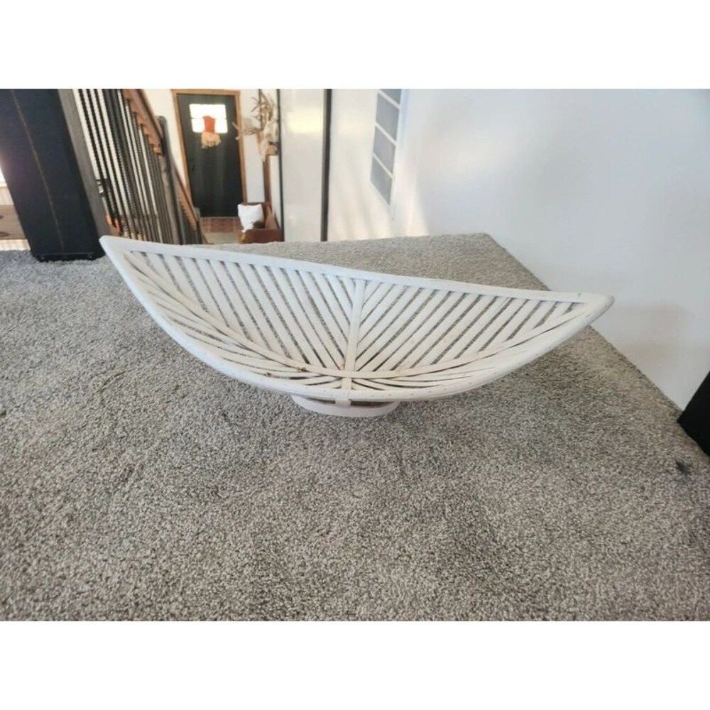 Vintage White Rattan Leaf Centerpiece Bowl - Boho MCM